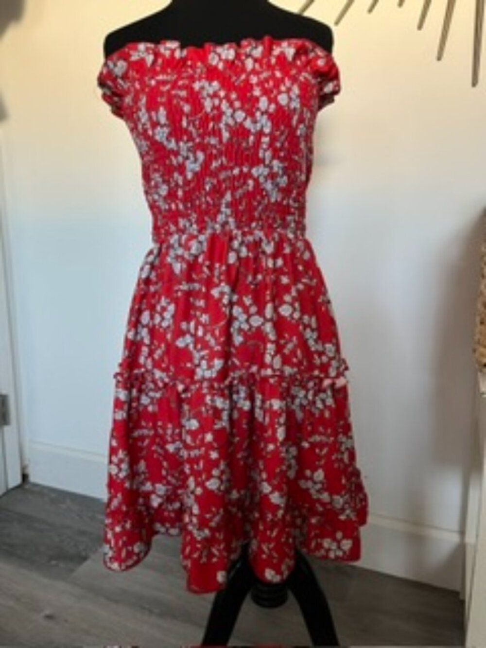 🧡3/15 Angashion Floral Strapless Shirred Tiered Mini Dress Women's S
